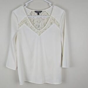 Express Womens Cream Lace Yoke V-Neck 3/4 Sleeve Blouse Top Small RN55285
